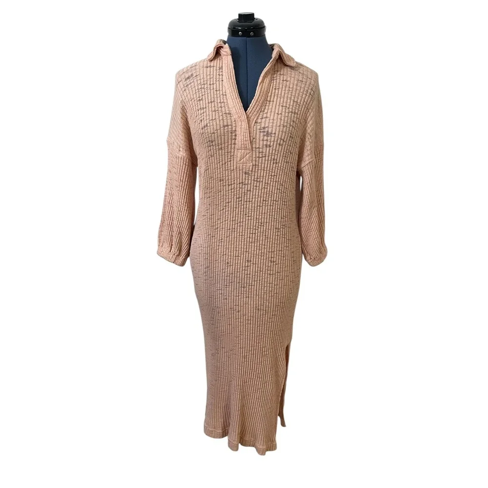 Free People Beach Pacific Maxi Shirt Dress Ribbed Peach Oversized‎ Comfort XS